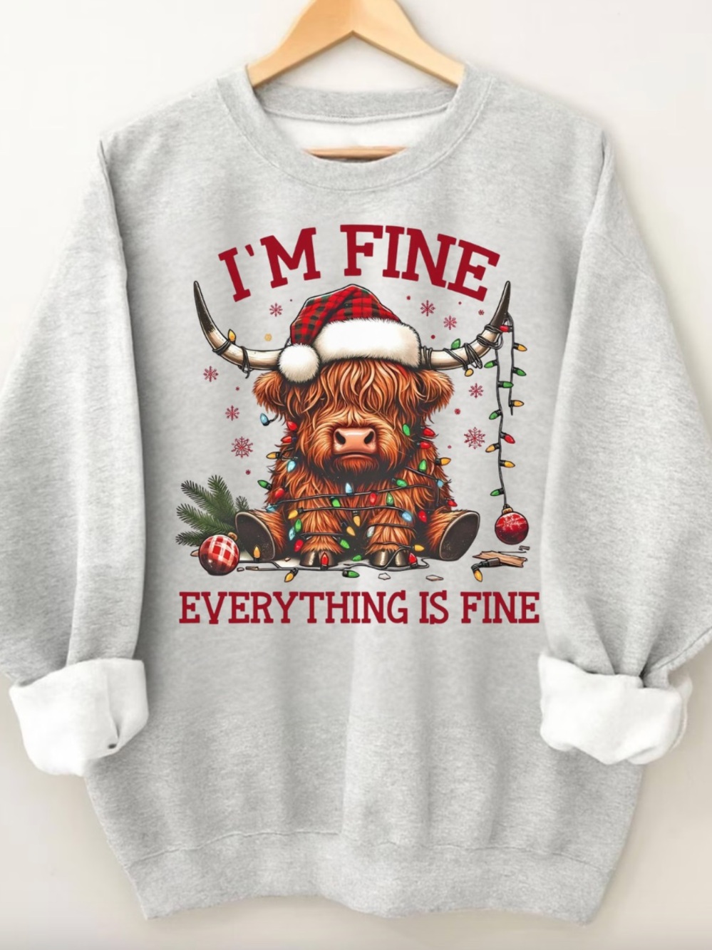 Gildan "I'm Fine Everything Is Fine " Highland Cow Christmas Crewneck